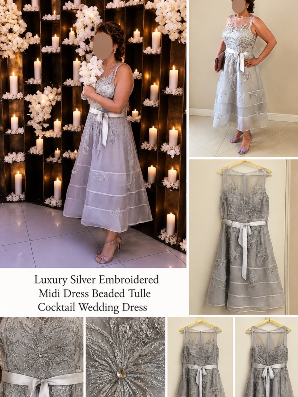 Silver Embroidered Midi Dress with Satin Waist Ribbon